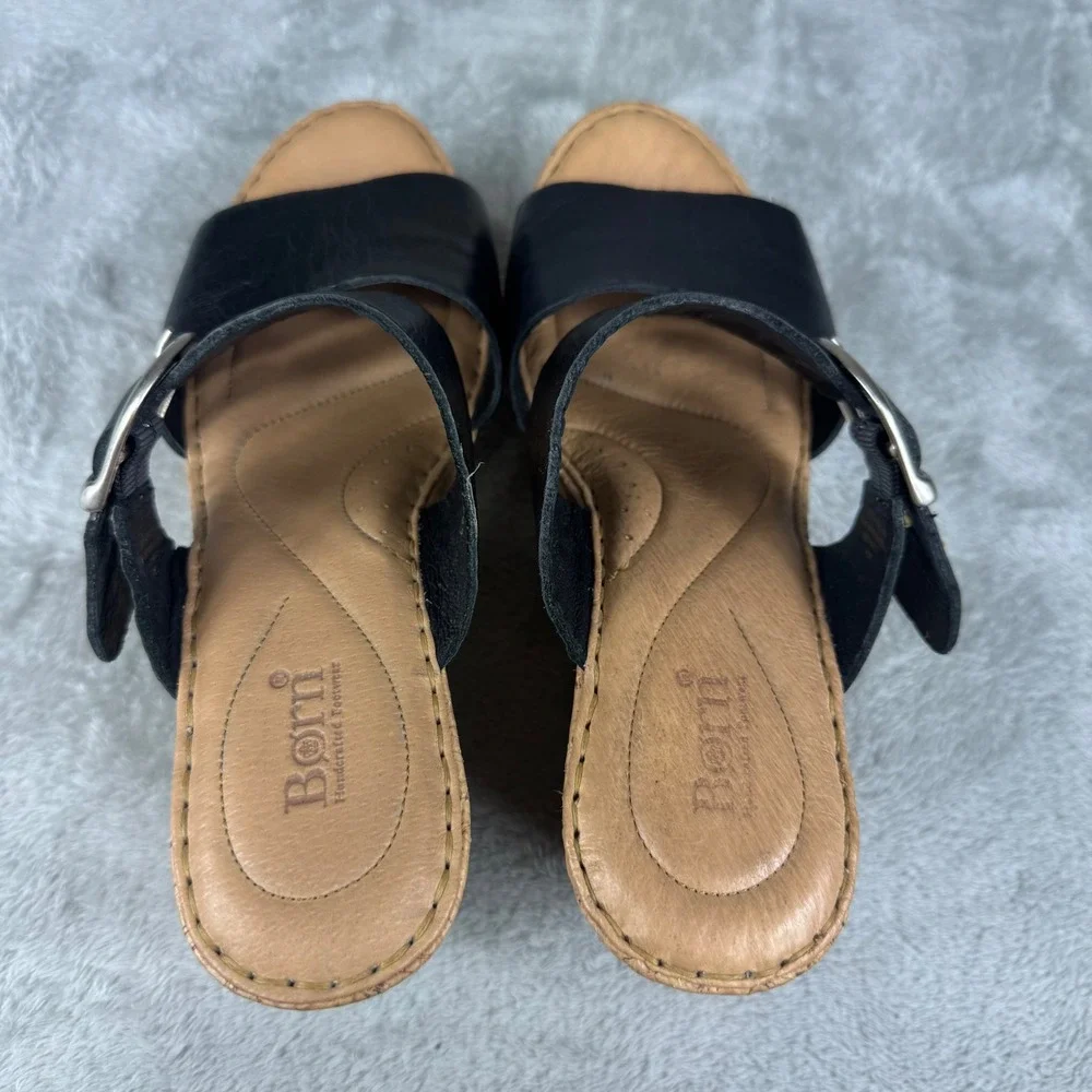 Born Black Leather Cork Wedge Slide Sandals Women's Size 10.5 Buckle Comfort